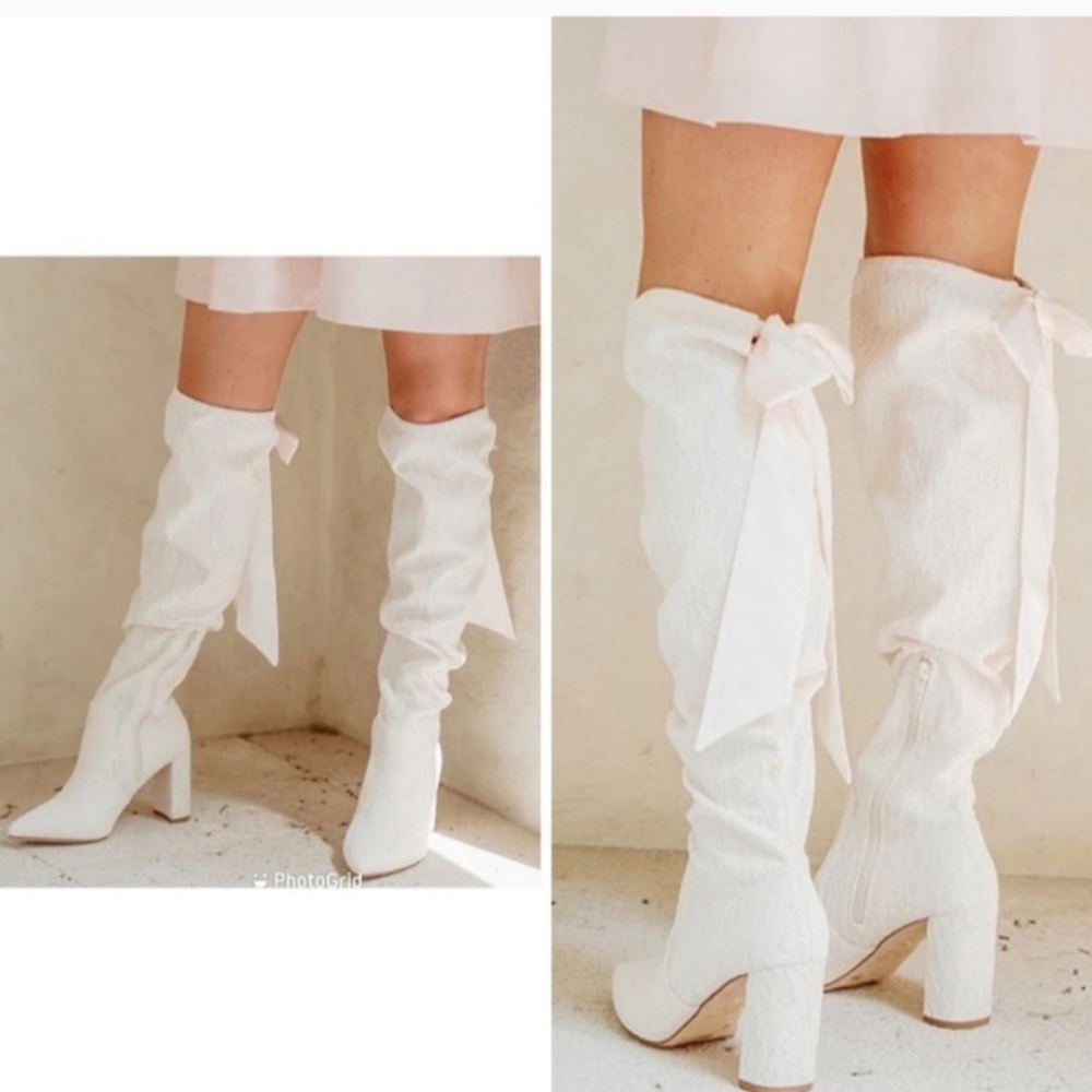 Nicola Bathie Antonio Melani Over the Knee Lace Bow Tie Boot SZ 10 Cream